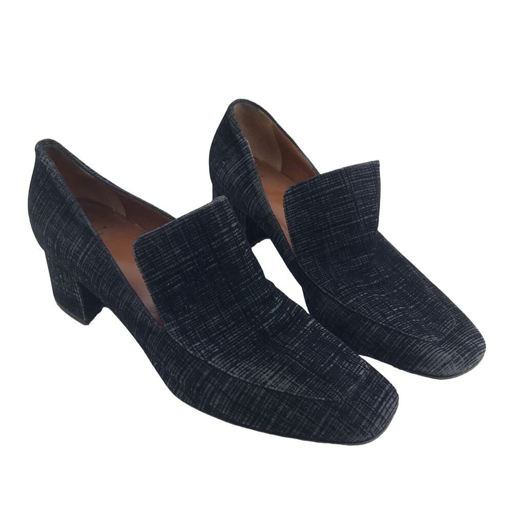 Aquatalia Women's Blue Black Textile Upper Block Heel Loafer Pump Italy Size 9.5